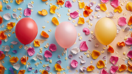  a group of balloons floating in the air with confetti scattered around them on a blue and pink background.
