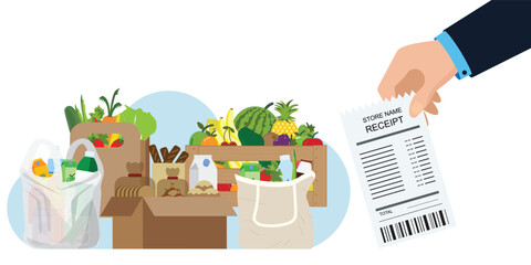 Human Hand holding grocery shopping receipt with products. - obrazy, fototapety, plakaty