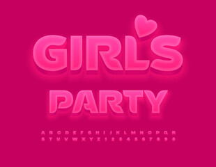 Vector glamour poster Girls Party with decorative Heat. Pink glowing Font. Stylish set of Alphabet Letters and Numbers