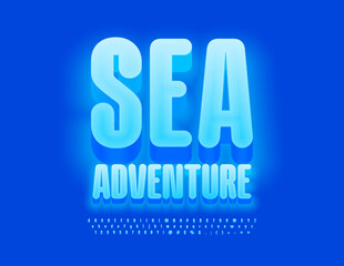 Vector travel icon Sea Adventure. Elegant Blue Font. Glowing Alphabet Letters and Numbers.