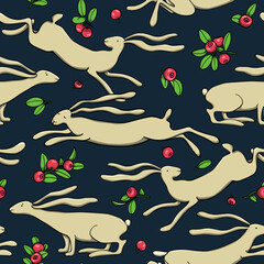 Vector seamless pattern with hand drawn sweet running hares with long floppy ears among cranberry twigs. Beautiful  design elements, perfect for prints and patterns