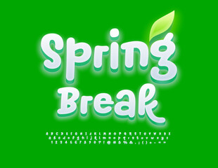 Naklejka premium Vector holiday flyer Spring Break with decorative Leaf. White artistic Font. Glowing handwritten Alphabet Letters and Numbers set.