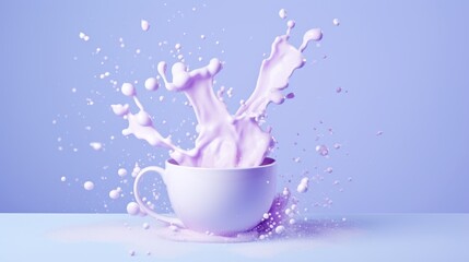  a white cup filled with milk splashing out of it's side on top of a blue tablecloth.