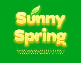 Vector glowing emblem Sunny Spring with decorative Leaf. Yellow lighting Font. Bright set of Alphabet Letters, Numbers and Symbols