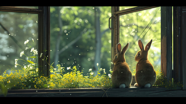 rabbits enjoying the view from the window
