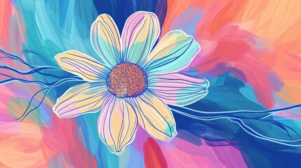 Fototapeta na wymiar a colorful painting of a flower on a blue, pink, yellow, and orange background with a white center.
