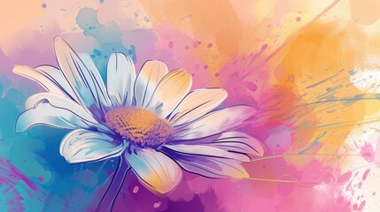 Fototapeta na wymiar a painting of a white and blue flower on a pink, yellow, blue, and pink watercolor background.