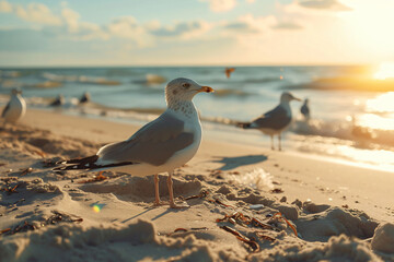 seagulls looking for food on the sandy beach - obrazy, fototapety, plakaty