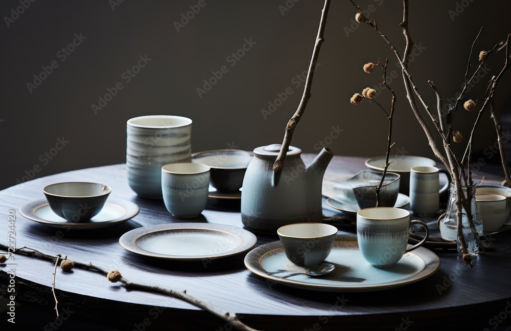 Poster a table topped with plates and cups next to a vase with a twig sticking out of the top of it.