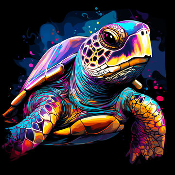 Colorful sea turtle drawing on a dark background