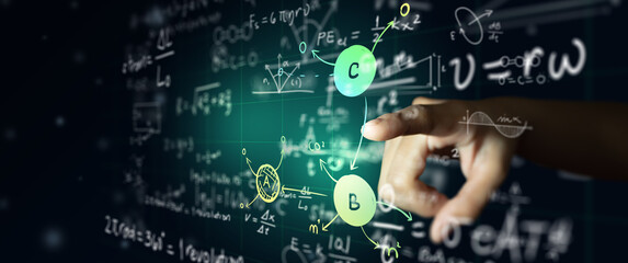 Hand on science formula and math equation abstract black board background. Mathematic or Chemistry...