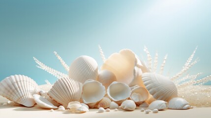 Obraz na płótnie Canvas Assorted seashells and coral arranged on a sandy beach with a sunny backdrop.