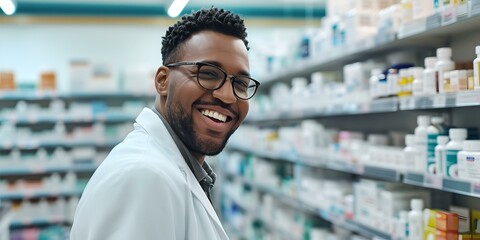 Friendly pharmacist smiling at work. healthcare professional in a pharmacy. approachable and happy employee. trustworthy expert. AI - obrazy, fototapety, plakaty