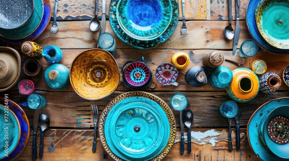 Poster a wooden table topped with lots of different colored plates and bowls filled with different kinds of