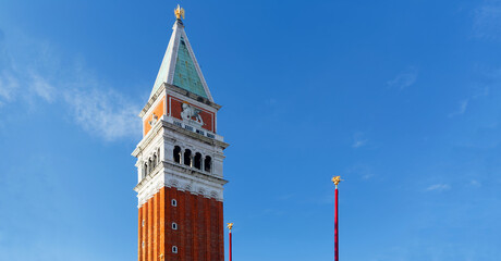 Low angle view of St Mark's Campanile, the bell tower of St Mark's Basilica in Piazza San Marco in...