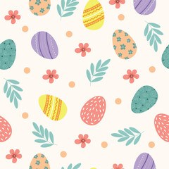 Seamless pattern for Easter on a white background. Easter eggs, flowers in pastel colors. Easter pattern for wrapping paper, textile, wallpaper.