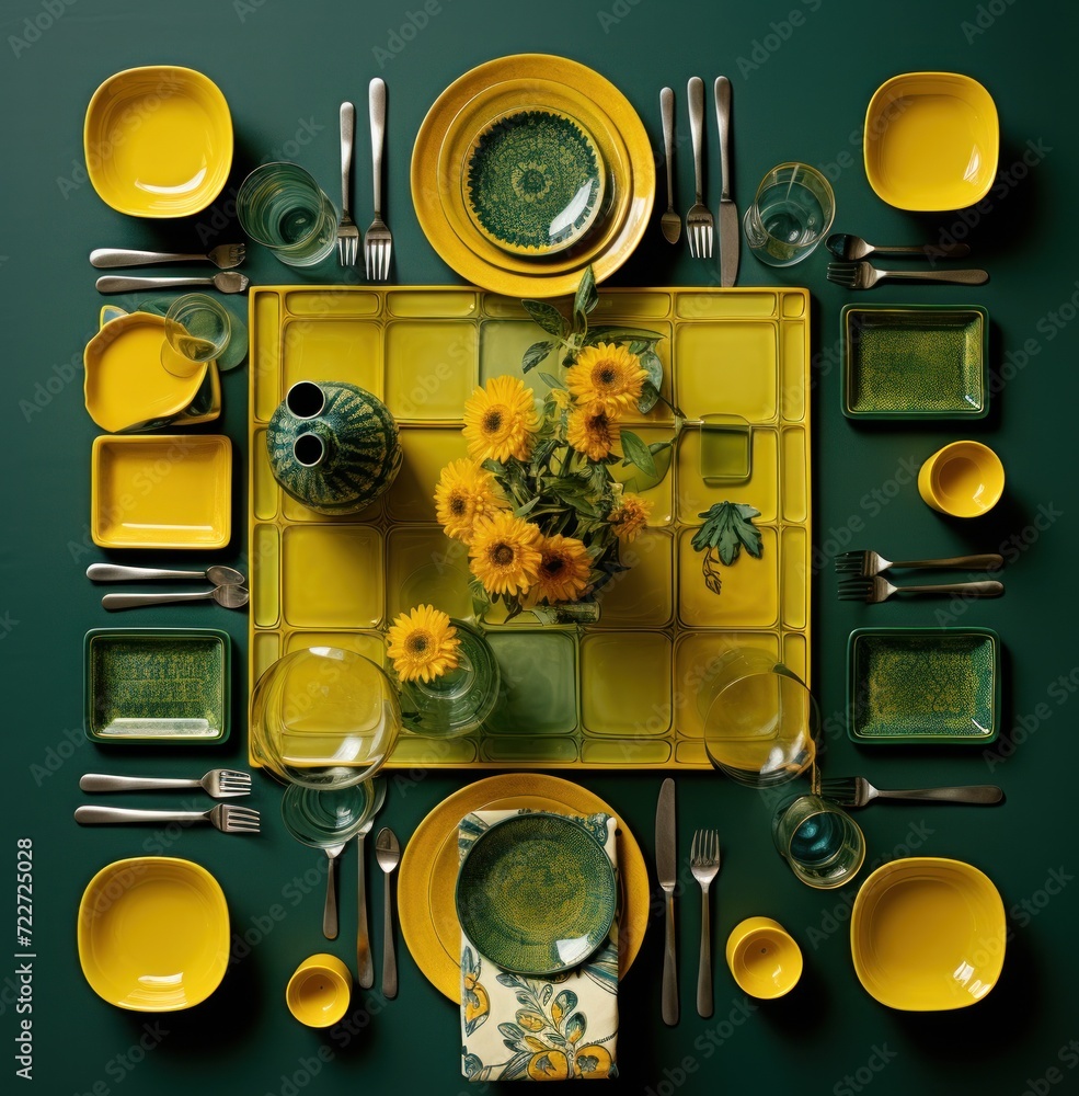 Poster an overhead view of a yellow table setting with sunflowers in a vase on the center of the table.