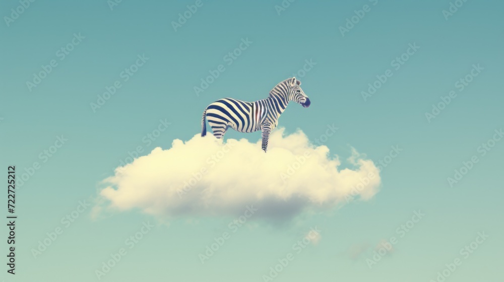 Poster a zebra standing on top of a cloud in the sky with a blue sky in the background and a cloud in the f