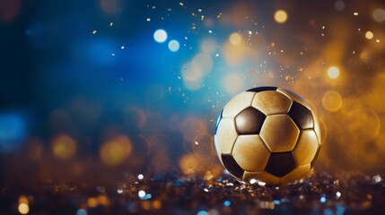A classic black and white soccer ball amidst shimmering golden sparkles and bokeh effect on a dark backdrop.