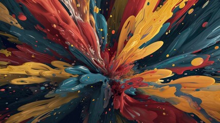  an abstract painting of multicolored paint splattered on the surface of a large piece of art that looks like a flower.