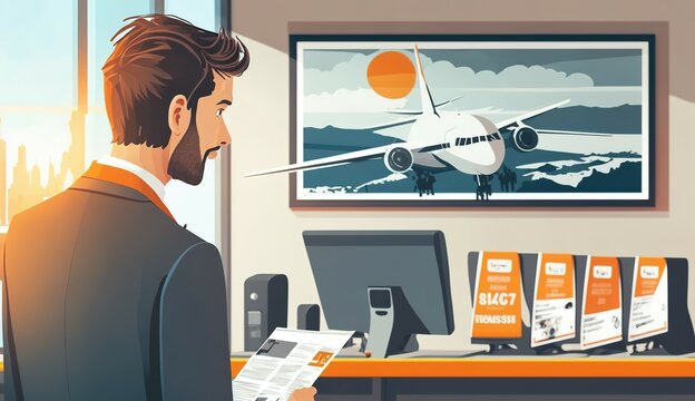 customer buying flight tickets in travel agency for his next trip