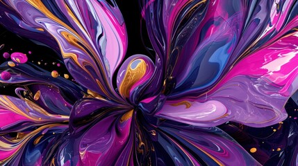  a painting of a purple flower with yellow and blue swirls on it's petals and a black background.