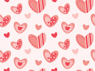 Seamless pattern with pink and red hearts on white background. Cute romantic pink hearts for background, textile, wrapping paper. Vector, eps10