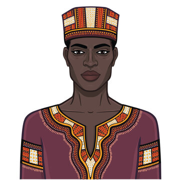 Animation portrait of beautiful African man in traditional clothing. Color drawing. Vector illustration isolated on a white background.