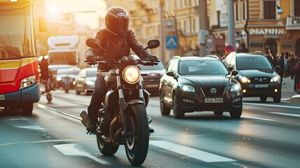 Obraz premium Captured in the photo, the motorcyclist defies the chaos of the city, embracing the thrill of the ride.