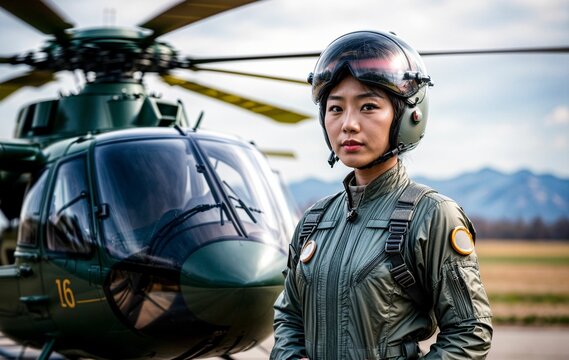 A confident Asian female helicopter pilot, possibly from China or North Korea standing in front of a helicopter