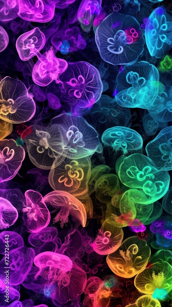 Poster a bunch of jellyfish floating in the water with different colors of jellyfish in the bottom right co
