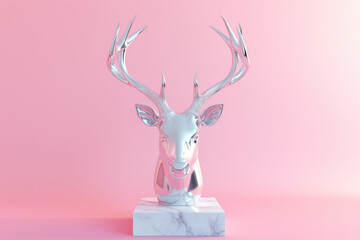 chromatic iridescent deer stag head plinth statue on pastel background