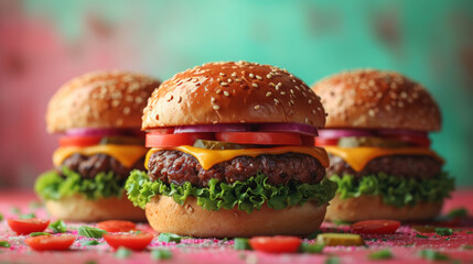 Mouthwatering Hamburger Trio with Lettuce, Tomato, And Onion Garnish