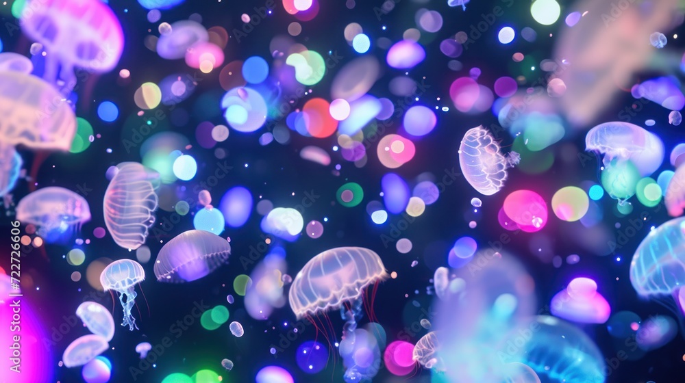Poster a bunch of jellyfish floating in the air with a lot of bubbles on it's back and a lot of other jelly