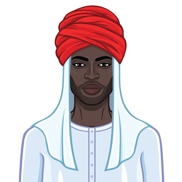 Animation portrait of beautiful African man in a turban. Color drawing. Vector illustration isolated on a white background.	
