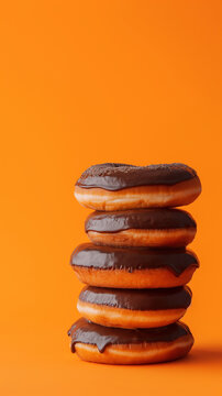 chocolate frosted donuts on orange minimalist background. chocolate frosted donut stock photo.