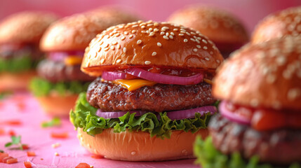 Juicy Beef Burgers with Cheese and Fresh Vegetables Close-Up