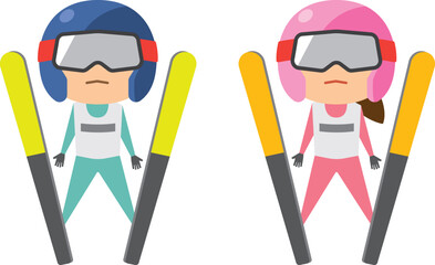 スキージャンプ選手のイメージイラスト（男女セット）