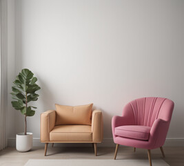 Comfortable armchairs and houseplant Stylish room interior, greenery, interior aesthetics, trendy, interior arrangement,