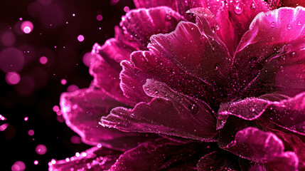  a close up of a pink flower with drops of water on it and a black background with pink and purple colors.