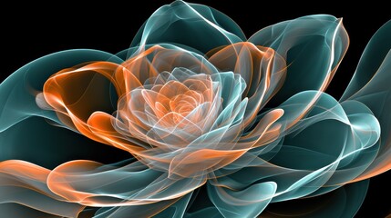  a computer generated image of a flower with orange and blue petals in the center of the flower, on a black background.