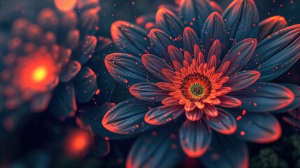  a close up of a blue and red flower with drops of water on the petals and a red light in the background.