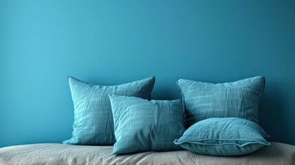  a bed with three pillows on top of it in front of a wall with a blue painted wall behind it.