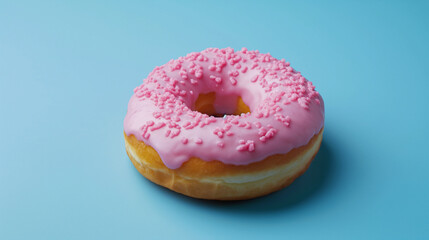pink frosted donuts on a bold blue minimalist background.  Strawberry Donut stock photo