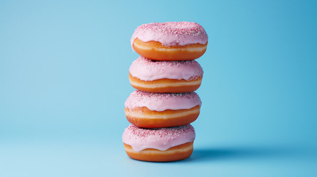 pink frosted donuts on a bold blue minimalist background.  Strawberry Donut stock photo