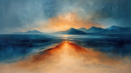 Fototapeta premium a painting of a large body of water with mountains in the background and a bright orange sun in the sky.
