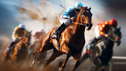 Naklejka premium Capture the excitement of a horse racing event with a blurred background that conveys the speed and power of the horses.