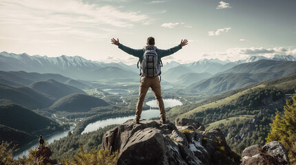 Summit Triumph: Joyful Man Celebrating Success with Arms Raised, Jumping on the Top of the Mountain - obrazy, fototapety, plakaty