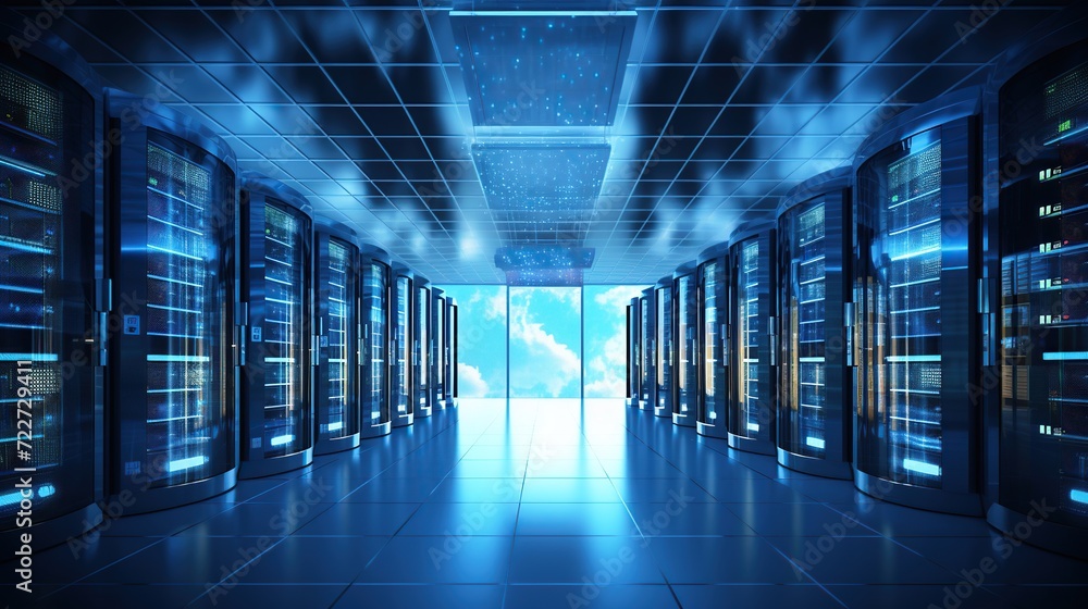 Poster cloud computing technology, big server rack and server room or data center. blue futuristic and tele