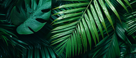 Tropical Leaves with Fresh Water Drops Close-Up. Generative ai.